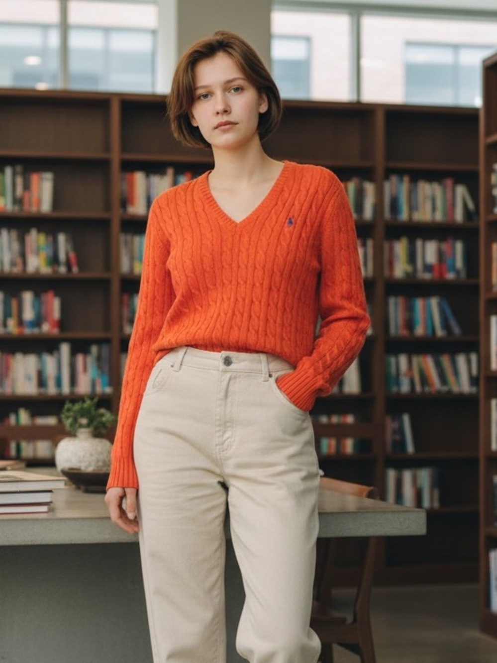 Vtg Ralph Lauren Sport Orange Cable Knit V-Neck Sweater Purple Pony Preppy XS